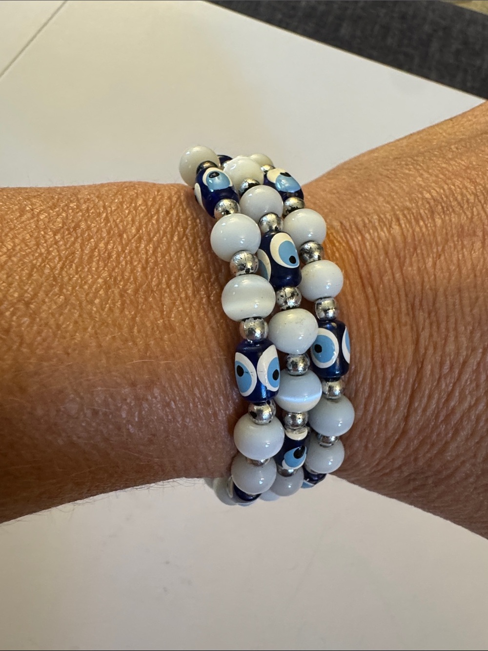 Blue and White Evil Eye Beaded Stretch Bracelet D38